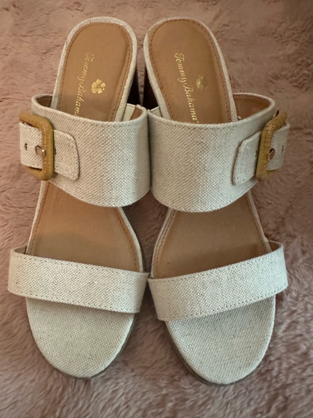 Tommy Bahama Trista Women’s Natural Linen Buckle Block Heel Slides Size 7.5